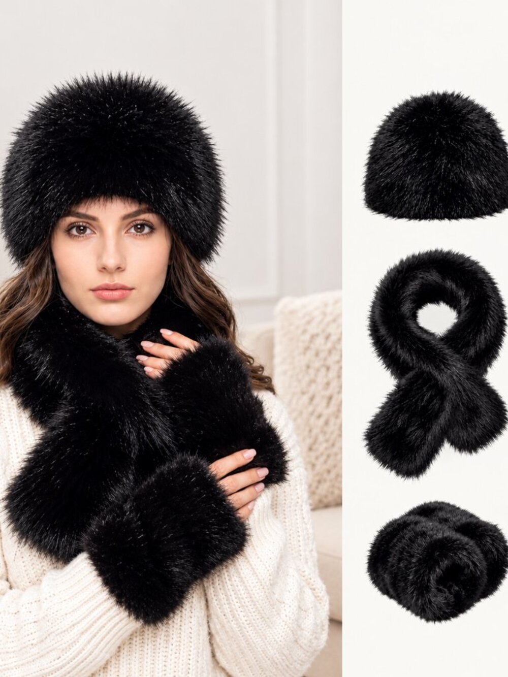 Winter Women's Faux Fox Fur Hat Scarf Gloves Set Fur Accessories